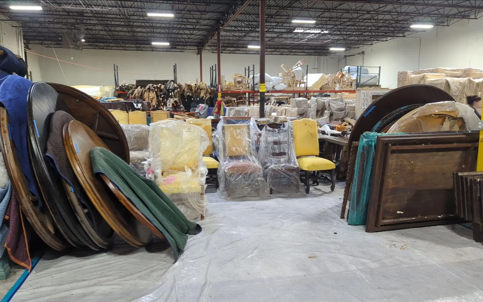 Recoverable warehouse stock and furnishings staged for salvage evaluation