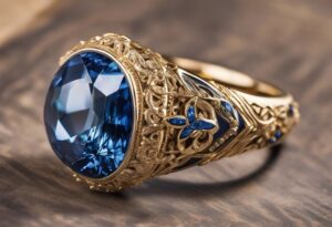 a golden ring with a blue gem being appraised by uscs professional jewelry salvors